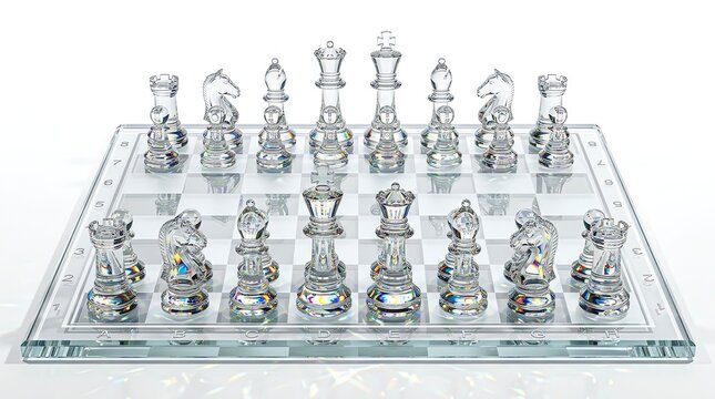 Crystal chess set with transparent pieces on glass board over white.
