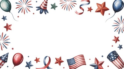 Obraz premium Patriotic 4th of july border frame with american flags, balloons, fireworks, and stars isolated on white background