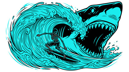 Skeleton Surfer Rides Wave with Shark Attack Illustration © Jeni