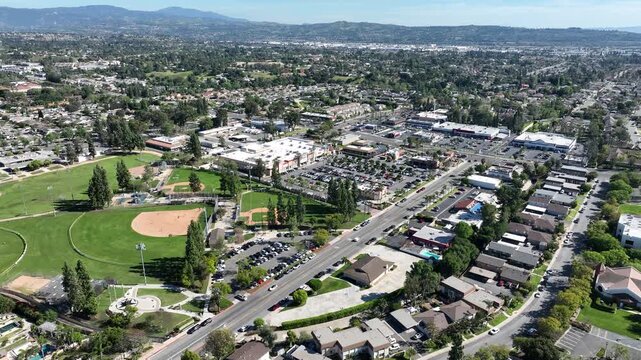 Afternoon aerial view of the downtown commercial district and surrounding neighborhood of Yorba Linda, California, USA.