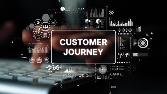 Modern Digital Concept of Customer Journey with Statistical Data and Analytics Visuals for Marketing Strategy. Asymptotic smart data analytic.