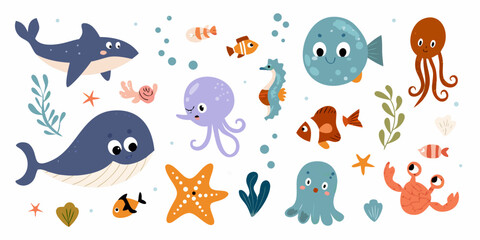 Cartoon style sea creatures illustration with colorful marine life © Songita