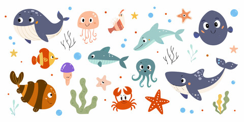 Cartoon sea creatures illustration with colorful fish whales and octopus © Songita
