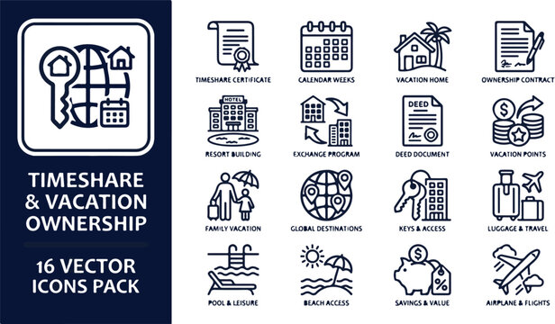 Professional outline icons for holiday property investment, seasonal lodging management, and shared recreational real estate assets.