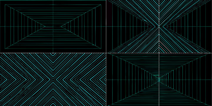 Cyan teal linear patterns in a four panel grid arrangement