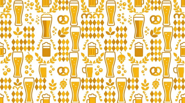 Beer festival seamless pattern with glasses pretzels and barley