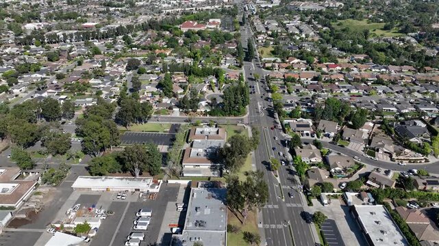 Afternoon aerial view of the downtown commercial district and surrounding neighborhood of Yorba Linda, California, USA.