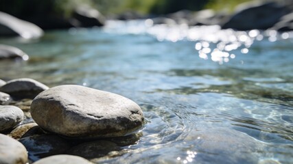 Obraz premium A serene close-up of smooth river rocks in shallow, crystal-clear water with bright sunlight reflecting off the ripples and a soft bokeh background.