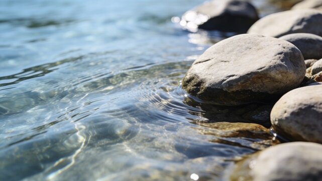 Serene close-up of smooth, rounded river stones along a shoreline, with gentle ripples of clear blue water catching the bright sunlight.