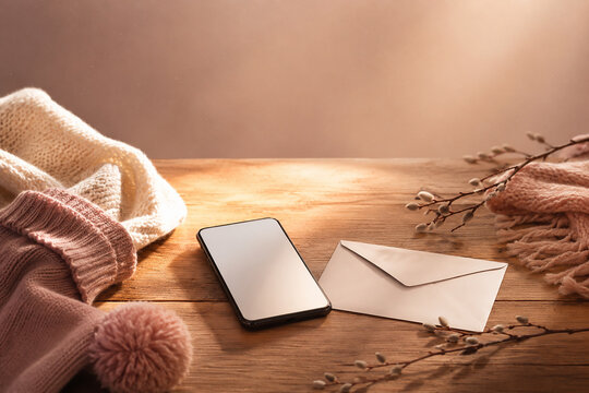 Smartphone with blank white screen and envelope on wooden table with cozy knit sweaters and pussy willow, warm mockup,木製テーブルの空白画面スマホと封筒、居心地よいニットとネコヤナギ、暖かなモックアップ