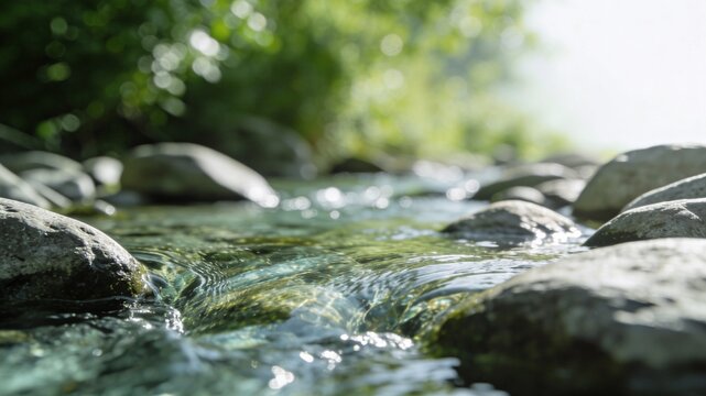 A serene close-up of crystal clear water flowing over smooth river rocks in a lush green forest, captured with soft bokeh and sparkling sunlight.