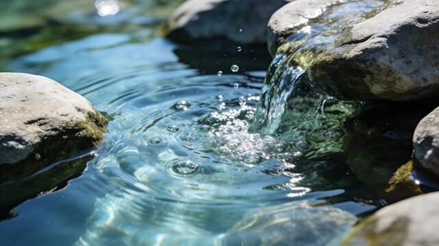 Close-up of crystal clear water flowing over rocks into a pool, creating gentle ripples, splashing droplets, and bubbles in bright daylight.
