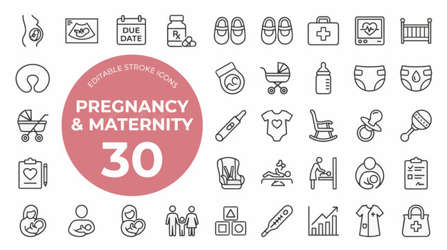 Vector illustration of 30 pregnancy and maternity related icons in edi