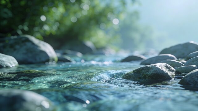 A serene low-angle shot of a crystal-clear mountain stream flowing over smooth pebbles with a lush, blurred green forest background.