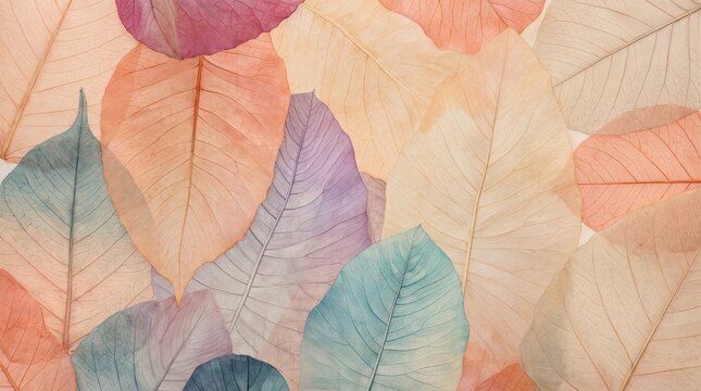 Vibrant translucent colorful dried leaves background showing intricate vein details