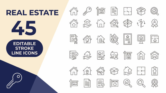 Collection of 45 real estate icons in editable stroke line style on wh