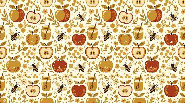 Seamless folk art pattern with apples honey jars and honeybees
