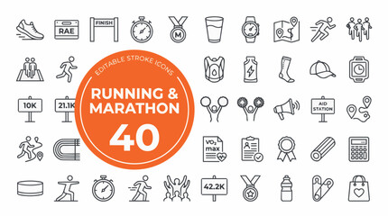 Collection of black line icons depicting running and marathon related  © icon_vectors