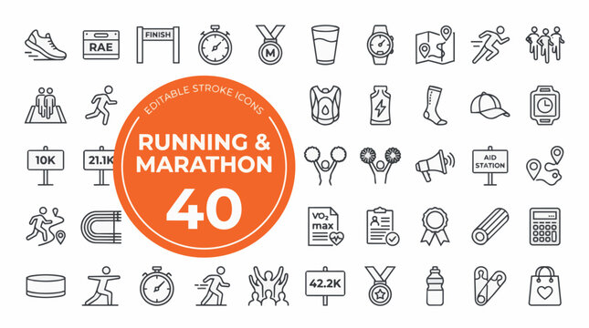 Collection of black line icons depicting running and marathon related 