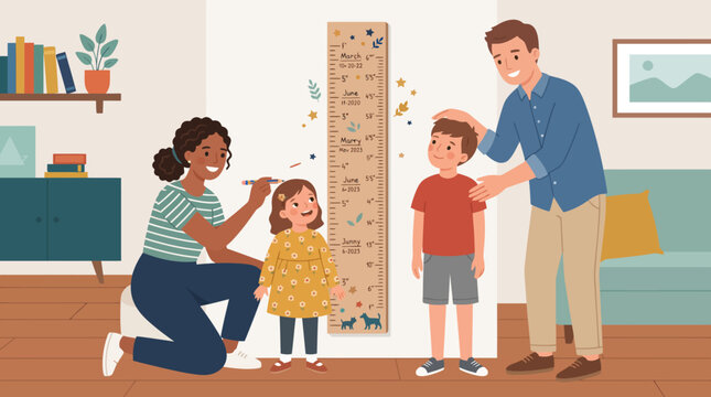 A family measuring children's height together.
