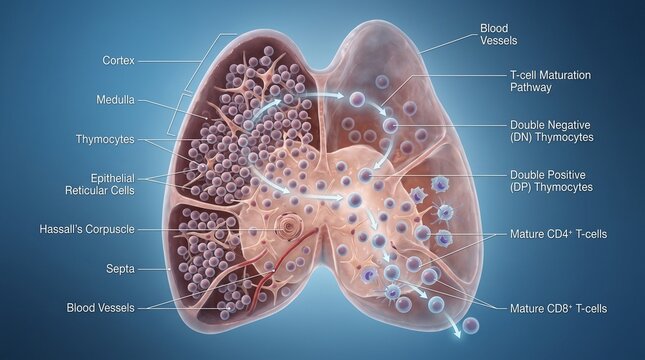 Anatomy of the thymus gland with labeled parts and structures