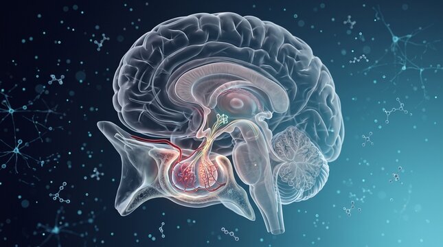 A detailed illustration of a human brain with a highlighted pituitary gland and molecular structures in the background