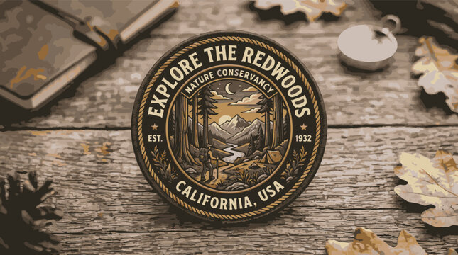 A circular patch with illustration of redwoods on a wooden table with 