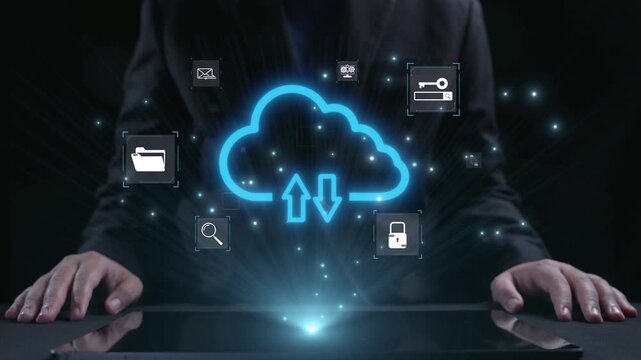 A modern representation of cloud technology featuring holographic icons and a tablet. The image showcases data management, upload, and download processes in a digital workspace. Qubit