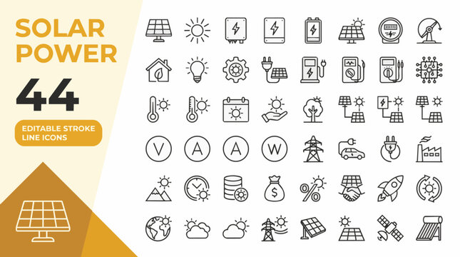 Collection of 44 black line icons representing solar power renewable e