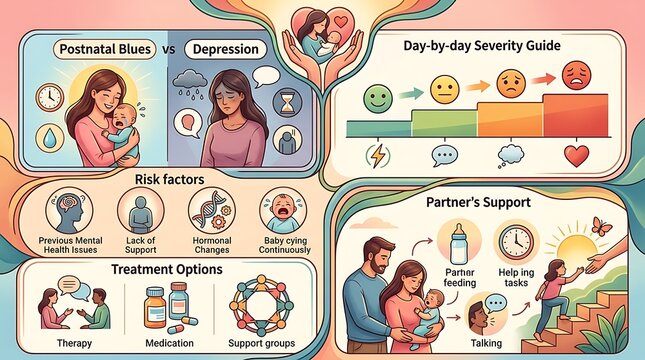 Postpartum mental health infographic with risk factors and support