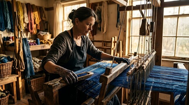 Artisan woman weaving blue fabric on a traditional wooden loom