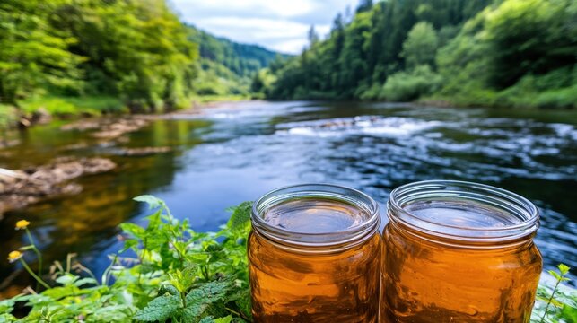 Glass Jar Filled with Amber Liquid, fadzm2 High Angle