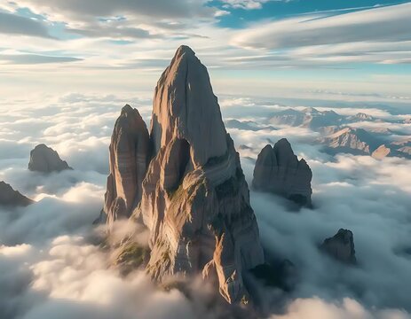 Majestic Mountain Peak Rising Above Clouds At Sunrise.