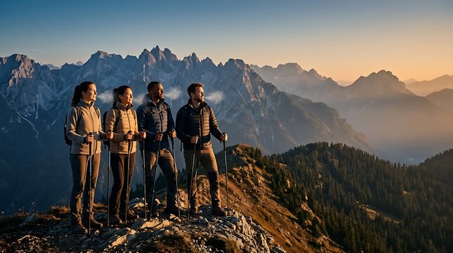 Diverse hikers standing on mountain peak during cold sunrise