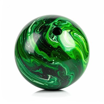 A glossy, swirling green and white bowling ball with a single finger hole