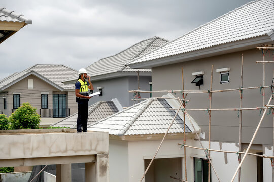 African American civil engineer holding walkie talkie and clipboard inspecting residential building site during daytime, scene for housing development asset inspection.