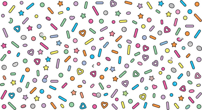 Colorful sweet candy sprinkles seamless pattern background with dots stars and little hearts bakery confectionery topping vector illustration.