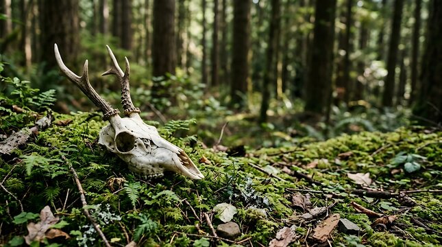Deer skull with antlers resting on mossy forest floor