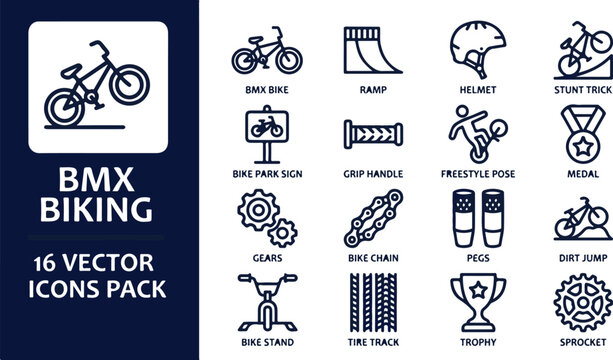 Line icon set representing extreme bicycle stunts, safety gear, and championship awards.