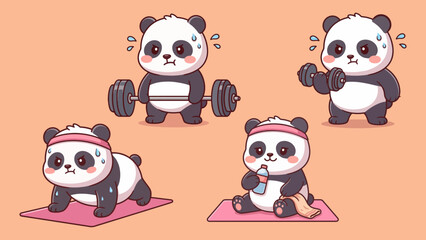 Cute cartoon panda character illustration set working out at the gym. Featuring panda lifting barbell, dumbbell bicep curl, push up on mat, and drinking water after exercise. © Kybo Creative