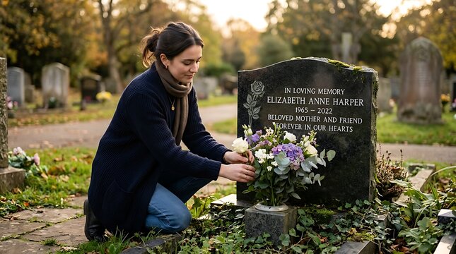 Young woman placing flowers at a gravestone in a cemetery