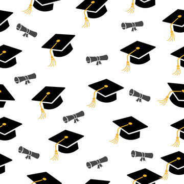 Graduation Cap and Diploma Seamless Pattern Background, Education Success Flat Vector Illustration