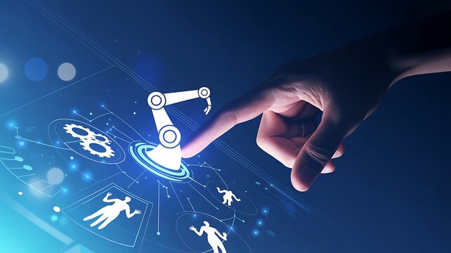 A hand interacts with a robotic interface displaying various human and mechanical icons in a futuristic environment.