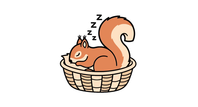Cartoon squirrel sleeping in a wicker basket.