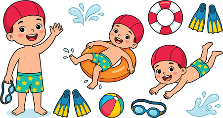 Cute little boy swimming cartoon set with kid character in pool floating tube ring goggles flippers beach ball water splash vector illustration. © MST