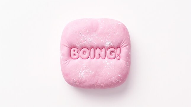 Pink square button with the word BOING! on a white background