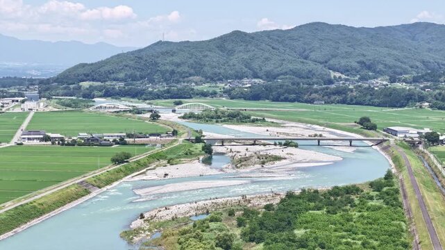 Aerial view shows a winding river through green valleys. Riverside fields and mountains frame the flowing water. Rail tracks run parallel to the riverbank. Scenic countryside offers tranquility
