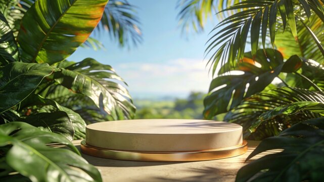 A stone podium with a gold rim stands surrounded by lush green tropical leaves under a clear blue sky, perfect for product display.