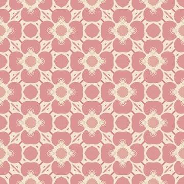 Soft pink and cream floral pattern repeats seamlessly. Geometric shapes frame delicate, stylized blossoms. Design evokes vintage charm and gentle elegance. Suitable for textiles, wallpaper