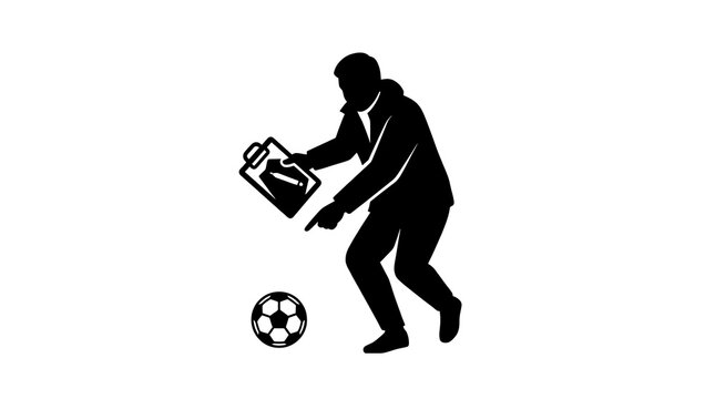 Soccer coach with clipboard instructing player